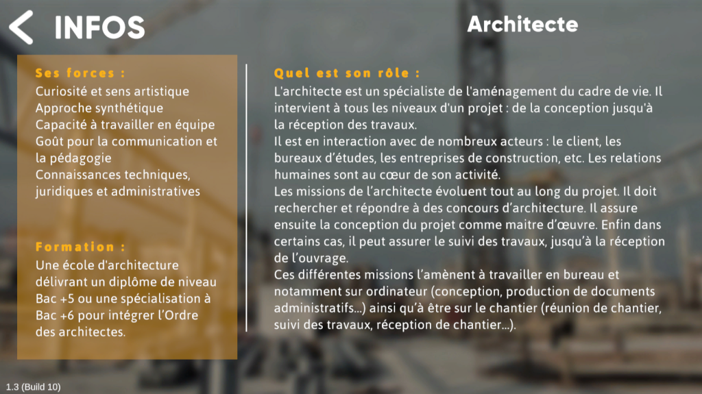 Capture d'écran du jeu : informations sur le métier d'architecte